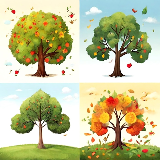 사진 4개의 계절을 나타내는 나무의 손으로 그린 터 일러스트레이션
