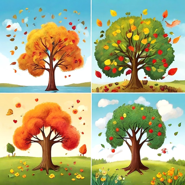 Photo hand drawing vector illustration of trees representing the four seasons tree image