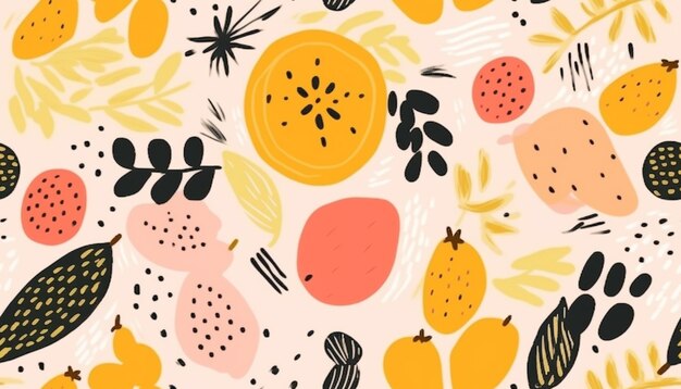 Hand drawn abstract cute fruits and flowers pattern Collage playful contemporary print template