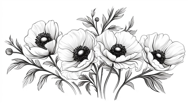 Hand drawn anemone flowers Outline floral ink paint nature