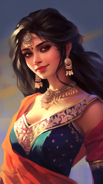 hand drawn anime beautiful indian girl illustration