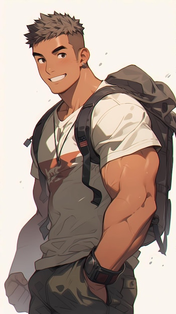 hand drawn anime fitness illustration of a strong muscular boy