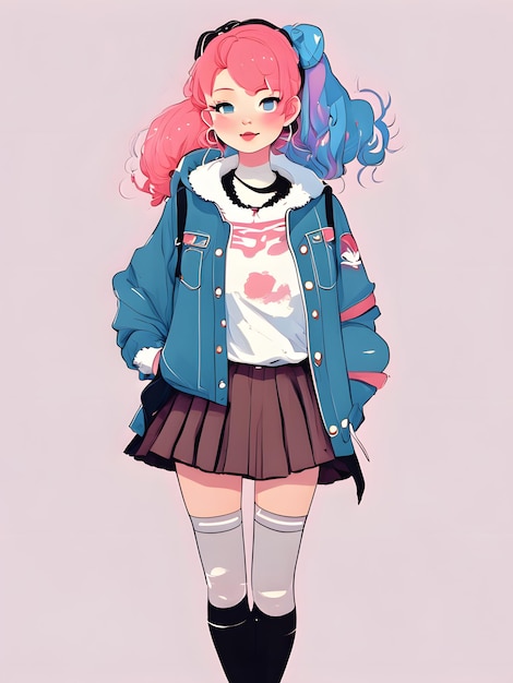 hand drawn anime girl with harajuku fashion style