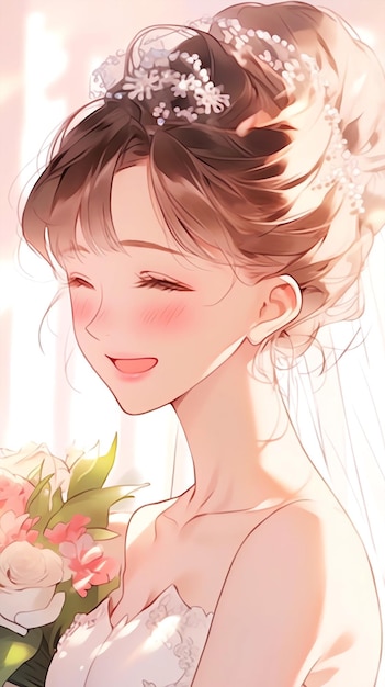 Hand drawn anime illustration of beautiful girl in wedding dress