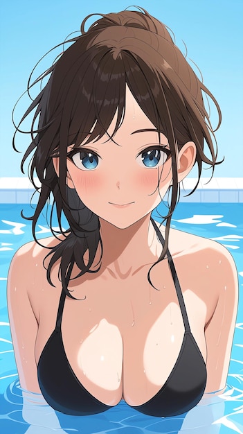 Hand drawn anime summer illustration of beautiful girl in swimsuit