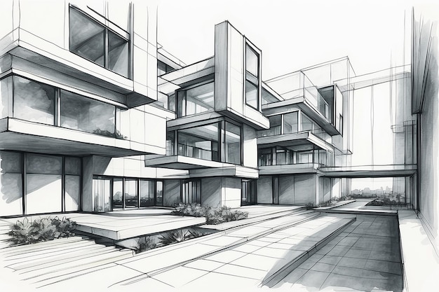 Hand drawn architectural sketch of a modern abstract architecture