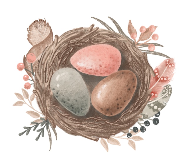 Nido di uccello disegnato a mano con uova rosa, marroni e grigie, design pasquale