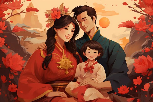 hand drawn asian family illustration