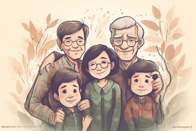 Hand drawn asian family illustration