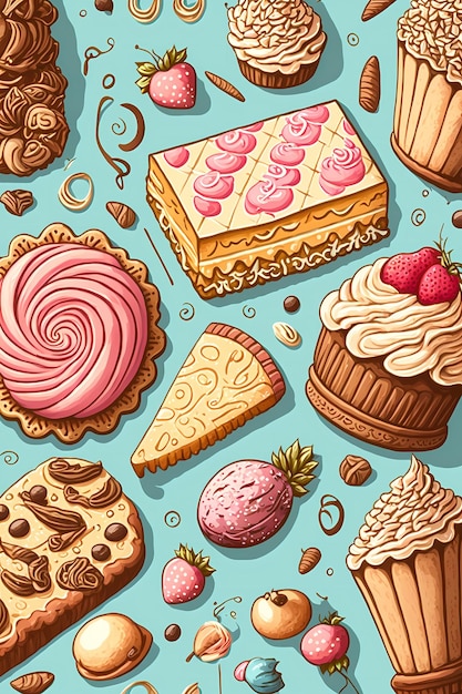 Photo hand drawn bakery food and cake pattern hand drawn illustration