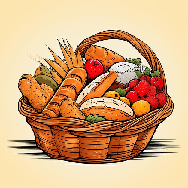 Photo hand drawn basket of breads