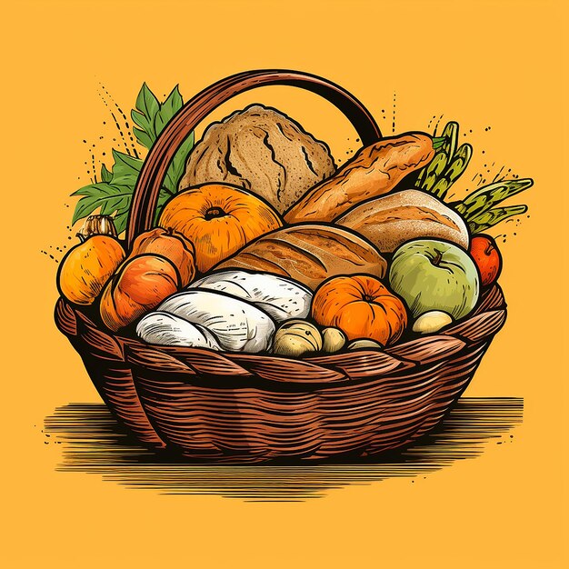 Photo hand drawn basket of breads