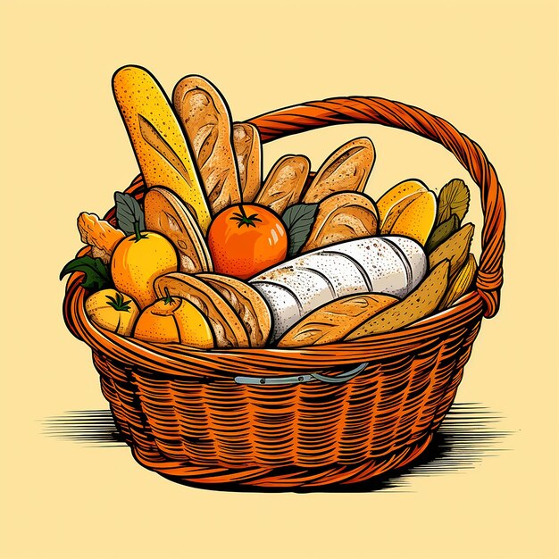 Photo hand drawn basket of breads