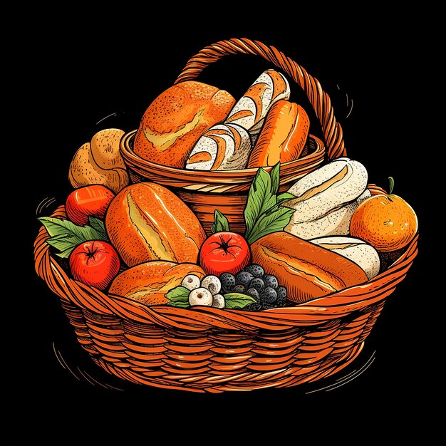 Photo hand drawn basket of breads