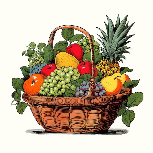 A hand drawn basket of fruits