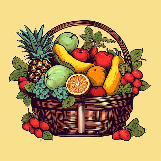 A hand drawn basket of fruits