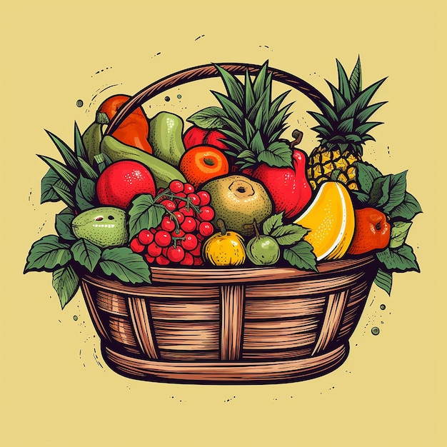 A hand drawn basket of fruits