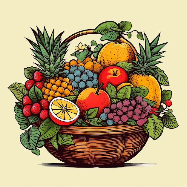 A hand drawn basket of fruits