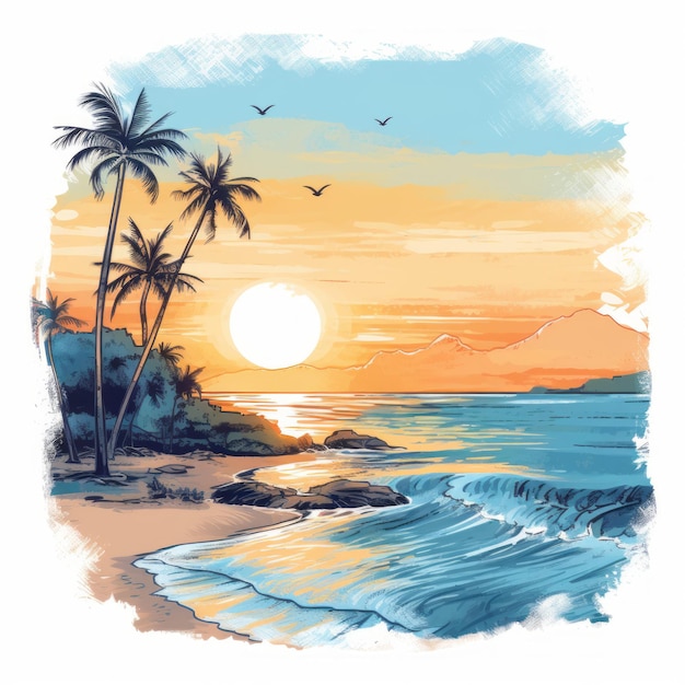 Hand Drawn Beach Sunrise With Palm Trees And Waves