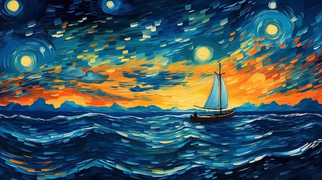 Photo hand drawn beautiful illustration background of the sea at night