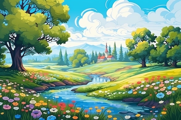 Hand drawn beautiful spring landscape