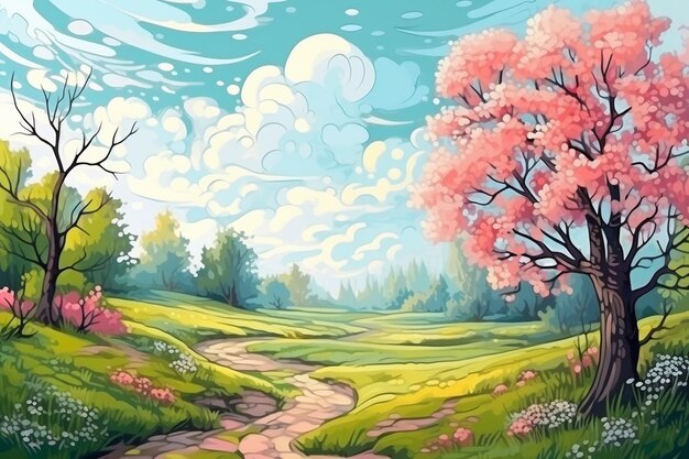 Hand drawn beautiful spring landscape