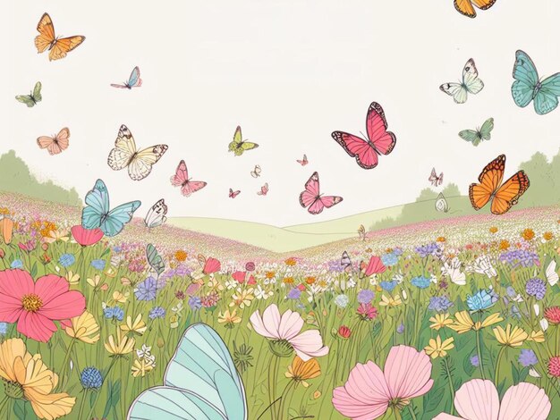 Photo hand drawn of beautiful summer with colorful butterflys