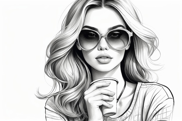 Портрет красивой молодой женщины, нарисованный вручную. Модная девушка с чашкой кофе. Стильная женщина в солнцезащитных очках.