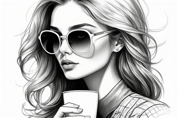 Hand drawn beautiful young woman portrait Fashion girl with coffee cup Stylish woman in sunglasses Sketch