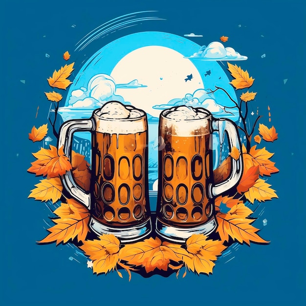 Hand drawn beer mugs with autumn leaves on blue background Vector illustration