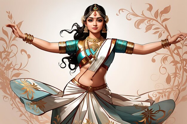 Hand drawn bharatanatyam dancer illustration women dancing