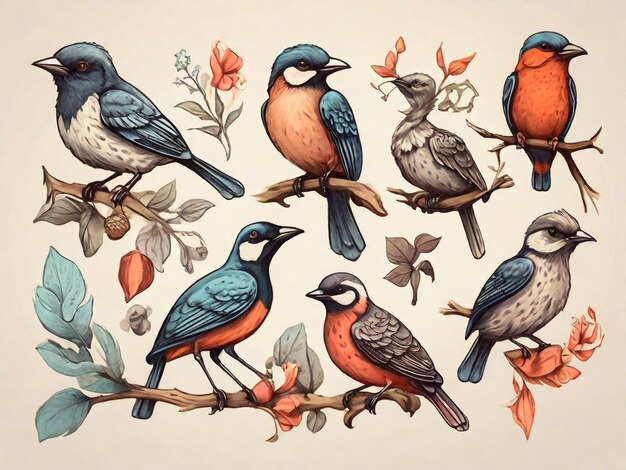 Hand drawn bird collection