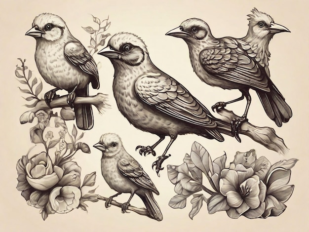 Photo hand drawn bird collection