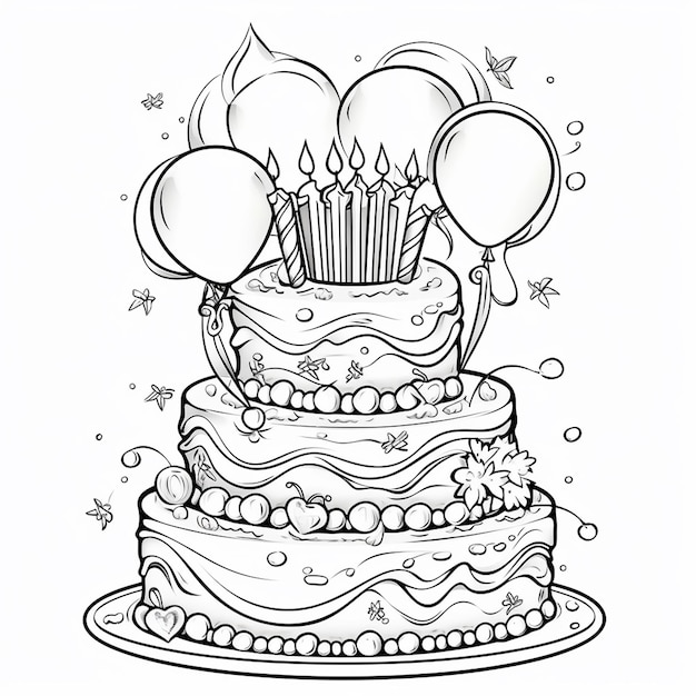 Фото Ручно нарисованный контур торта, иллюстрация, раскраска для детей