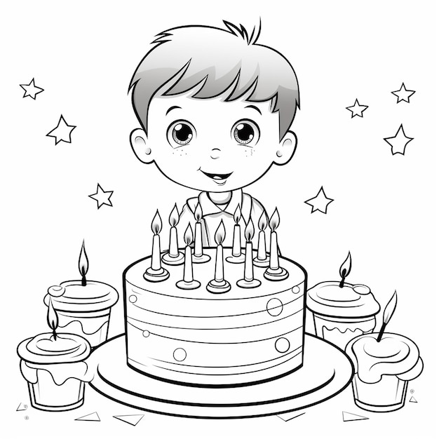 Photo hand drawn birthday cake outline illustration coloring book page for kids