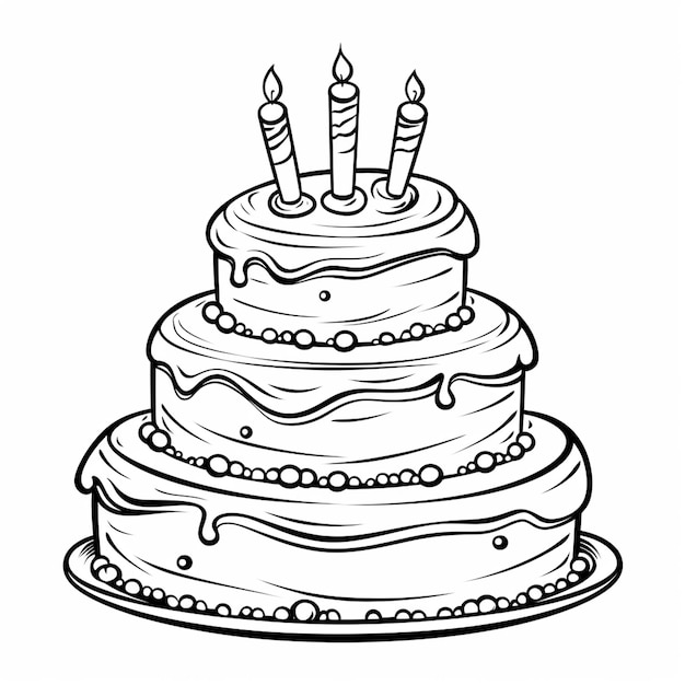 Photo hand drawn birthday cake outline illustration coloring book page for kids