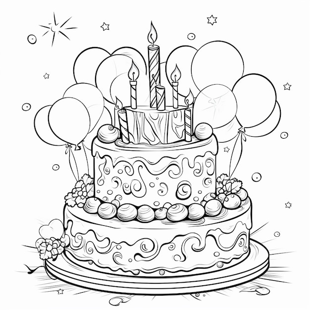 Photo hand drawn birthday cake outline illustration coloring book page for kids
