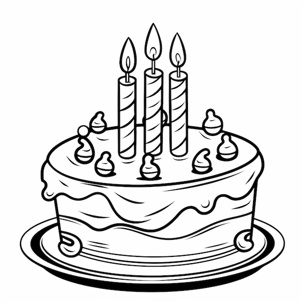 Hand drawn birthday cake outline illustration coloring book page for kids