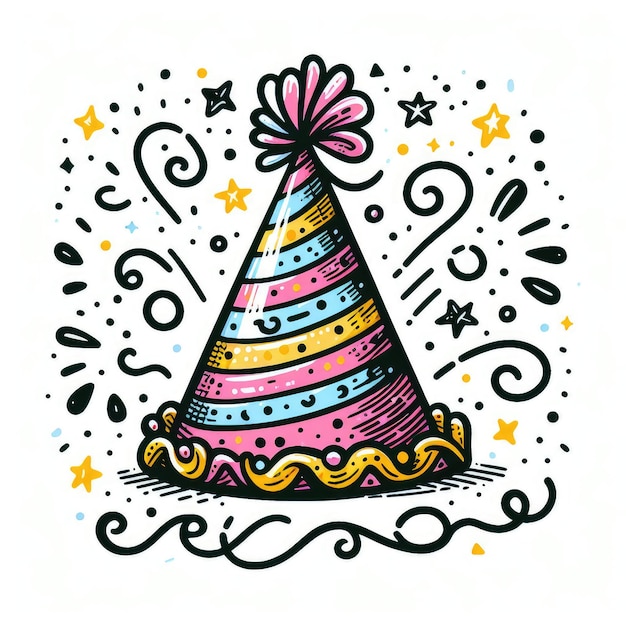 hand drawn birthday cone hat illustration in colorful vintage style isolaed on white background