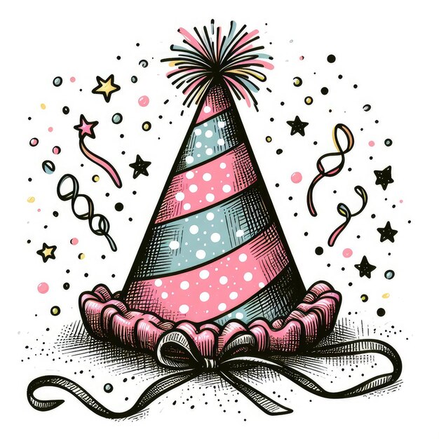 hand drawn birthday cone hat illustration in colorful vintage style isolaed on white background