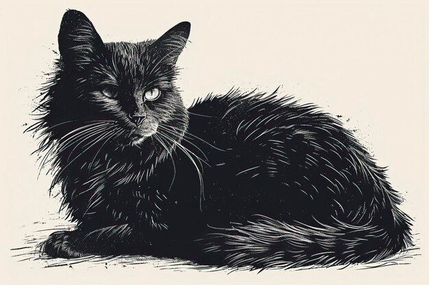 Photo hand drawn black cat in minimalist linocut graphic style