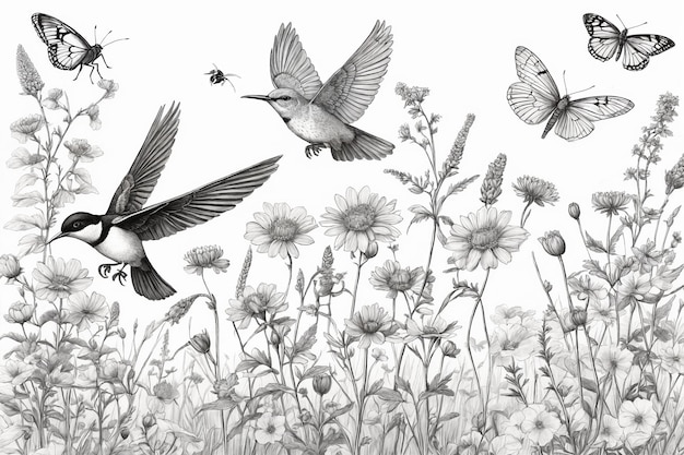 Hand drawn black and white blooming flowers butterflies birds on blank background