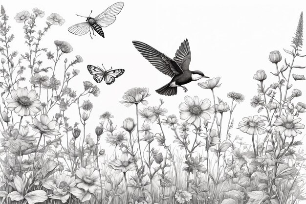 Photo hand drawn black and white blooming flowers butterflies birds on blank background