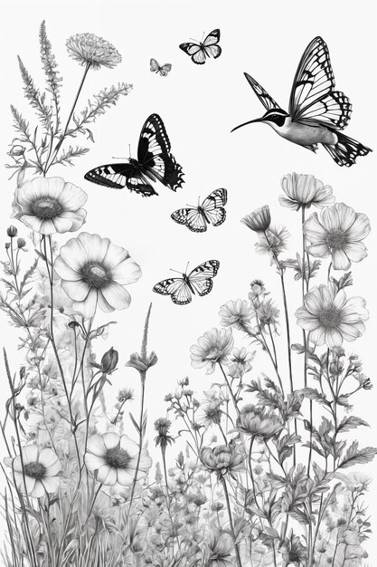 Hand drawn black and white blooming flowers butterflies birds on blank