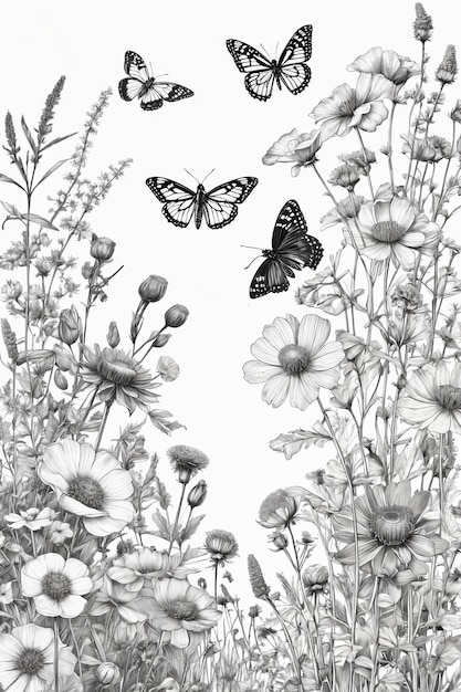 Hand drawn black and white blooming flowers butterflies birds on blank