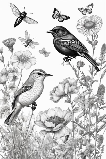 Photo hand drawn black and white blooming flowers butterflies birds on blank