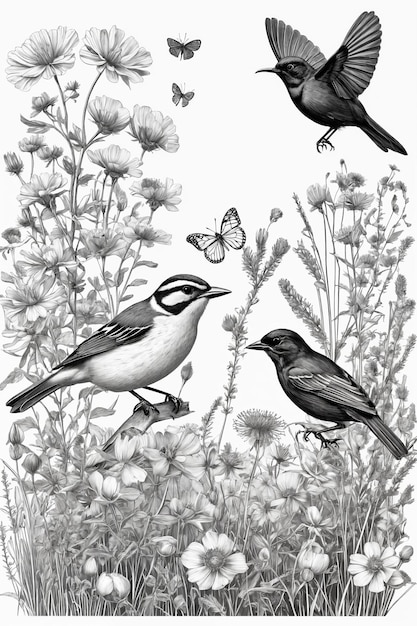 手描いた黒と白の花蝶鳥の空白