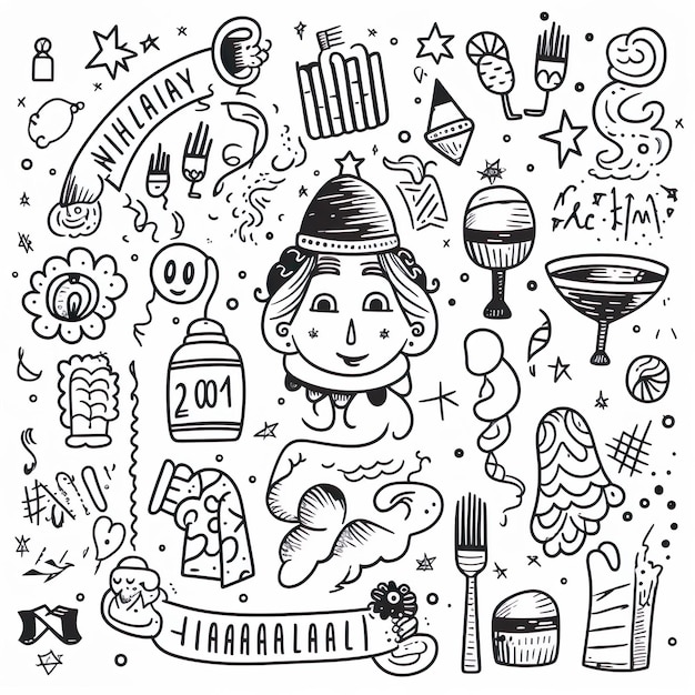 hand drawn black and white happy new year doodle collection new year party elements generative ai