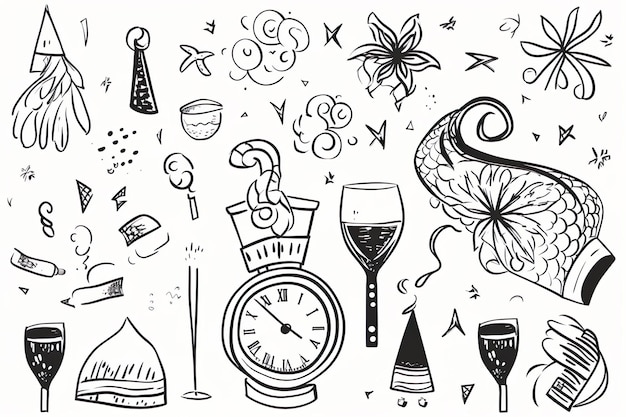 Photo hand drawn black and white happy new year doodle collection new year party elements generative ai