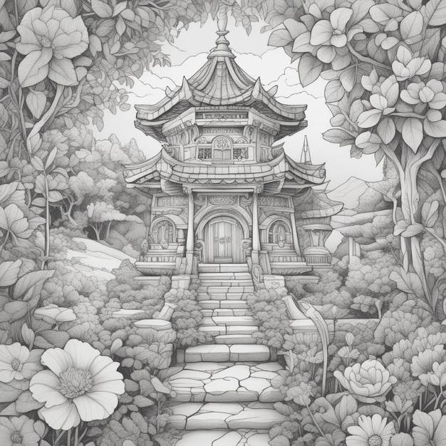 hand drawn black and white landscape with forest and mountain and river and pagoda and flowers 670